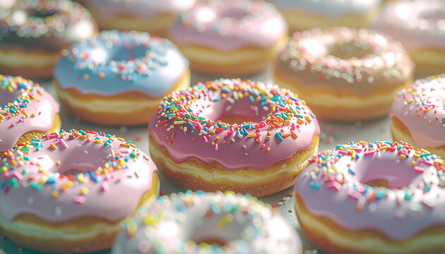 A collection of delicious, colorful donuts with various toppings
