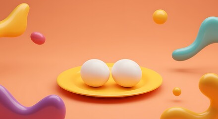 Two white eggs on a yellow plate amidst floating colorful shapes on a orange background a creative and modern composition