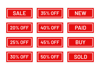 Set of sale stamp imprint. Rectangle best price stickers. Red sold out emblem in frame. New arrival label in border. Marketing retail badge. Text box with buy tags. Sale product mark. Vector illustrat