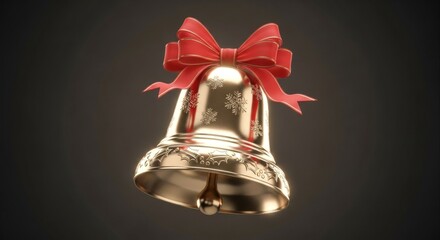 Festive Golden Bell with Red Bow on Dark Background for Holiday Season