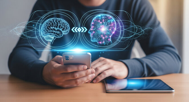 Advanced artificial intelligence interaction visualizing human brain connectivity with mobile technology innovations for enhanced digital communication and smart device user experiences today