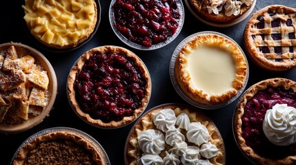 A variety of delicious pies including fruit, cream, and lattice-topped selections showcased on a dark, rustic surface.
