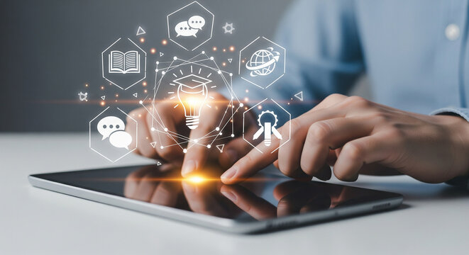 Interactive digital learning concept with hands using tablet and glowing education icons showcasing modern knowledge, innovation, technology, communication, and global connectivity