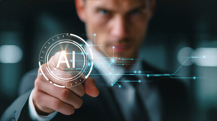 Businessman pointing at futuristic AI interface with glowing digital elements.