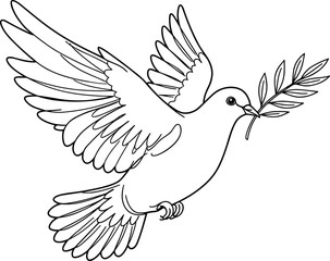 Dove with olive branch illustration, line drawing of bird in flight, peace and hope symbol, black-and-white vector design