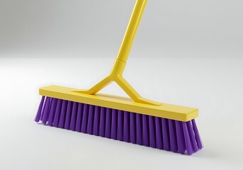 Vibrant Yellow and Purple Broom for Cleaning and Sweeping with Modern Design and Ergonomic Handle on White Background