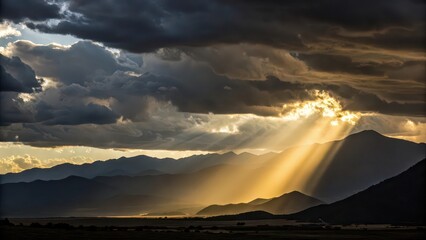 Sun rays breaking through storm clouds over mountain range at sunset, dramatic golden hour landscape, spiritual nature background, desktop wallpaper, inspirational poster, travel marketing