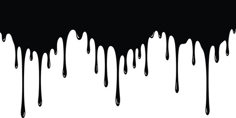 Dripping liquid icon set, silhouette black fluid pattern with elongated drops, black and white illustration, paint, ink, texture, vector grid