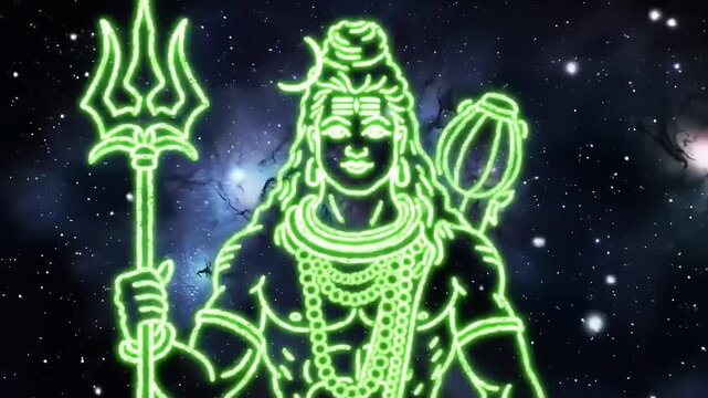 Neon Shiva illustration in a cosmic background.