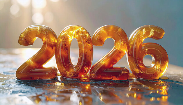 Close-up shot of the numbers 2026 in a shimmering, amber-like material, possibly representing the dawn of a new year
