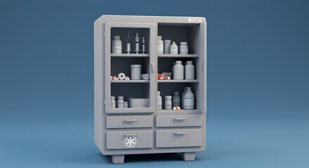 Vintage Medical Cabinet Full of Medicines and Supplies for Healthcare Professionals in Hospitals and Clinics for Treatment and Care