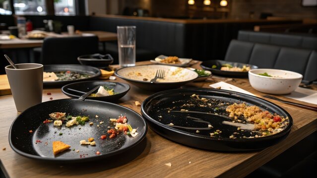 Messy restaurant table with empty and half-eaten plates after group meal, food waste and cleanup concept, casual dining scene, end of party, hospitality industry, restaurant operations visuals