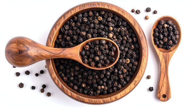 Close-up of black peppercorns in a wooden bowl with two spoons, against a white background
