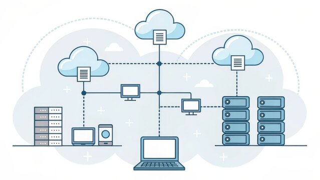 Cloud computing network infrastructure illustration with servers, devices, and data storage, modern IT system architecture, digital transformation, data security, SaaS, cloud service visual
