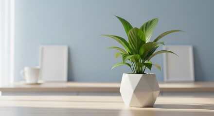 Minimal minimalist kitchen scene with a single green plant on a bright wooden counter and soft natural light