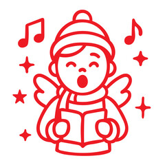Obraz premium Cute Christmas Caroler Vector Outline Singing from Book with Musical Notes