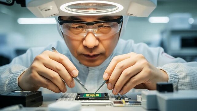 A focused technician meticulously inspects and works on a semiconductor chip under a microscope in a high-tech laboratory, demonstrating precision and expertise in microelectronics and technology.