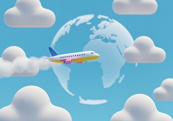 Whimsical Airplane Flying Around the World with Fluffy Clouds in a Blue Sky Travel and Adventure Concept
