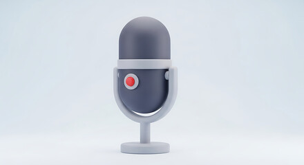 Modern 3D render of a stylized podcast microphone with a prominent red record button, symbolizing audio communication and broadcasting for digital media. Clean and contemporary icon design