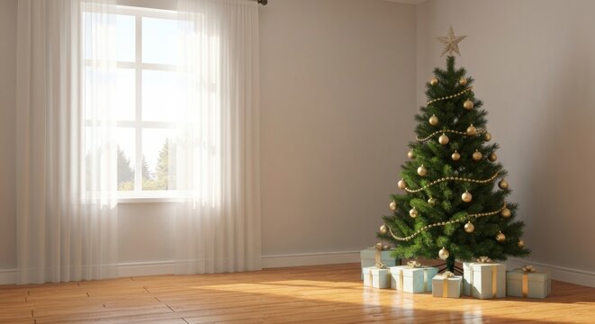 Cozy Christmas living room with a golden decorated tree, pastel gifts and soft morning light in minimalist Scandinavian style - Powered by Adobe