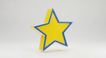 Fototapeta premium A three-dimensional yellow star icon with a blue outline, isolated on a white background. Symbol of rating, achievement, and quality