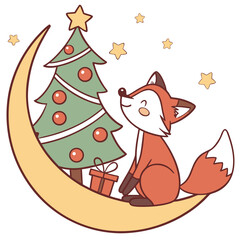 Happy Foxe with sitting on a moon, set in a charming Christmas theme – Festive Cheer color vector art