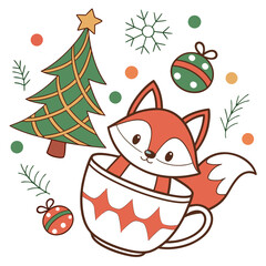 Cute SVG of a Funny Foxe in Festive Cheer colors, featuring in a teacup in a Christmas setting