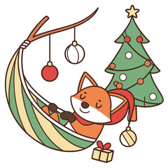 Delightful Excited Foxe in a Christmas scene with in a hammock – Festive Cheer vector illustration