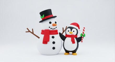 Festive Snowman and Penguin with Candy Cane on White Background