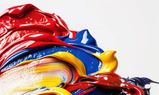Vibrant multi colored paint swirl with red blue and yellow hues on white surface