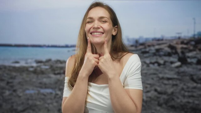 Woman smiling and pressing cheeks with fingers on sunlit sandy rocky shoreline at seaside; carefree joy.