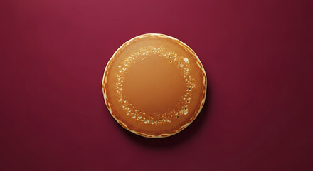 Overhead view of a single pancake with golden brown color on a maroon background in a studio shot