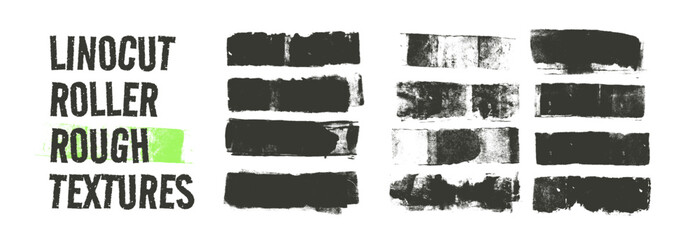 Set of linocut roller rough textures. Ink or paint brush strokes backgrounds. Grunge rough edged rectangle text boxes. Wide distressed brush stroke streaks. Grange handmade vector textures ink rolled.