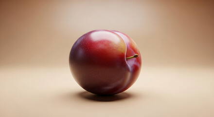 Close up shot of a single plum with a stem on a plain background in a studio setting for food photography