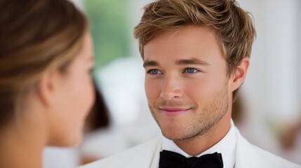 Man looks at woman with happy gaze during engagement or wedding day. Caucasian groom expressing love during celebration concept.