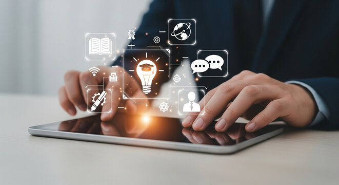Professional digital education interaction displayed through hands using a sleek tablet surrounded by glowing icons representing learning tools, communication, and global connectivity.