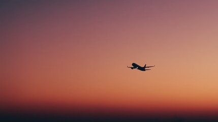 A commercial airplane is silhouetted against a vivid, gradient sunset sky, evoking themes of travel and adventure.
