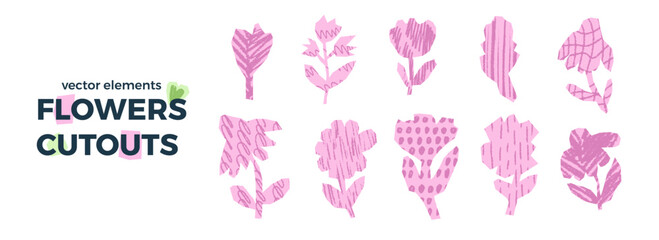 Set of flowers paper cutouts. Scrapbook pink and purple floral elements. Collage papers naive chamomile and wildflowers shapes. Scrapbook handmade crayon pencil textured plant. Vector collages figure.