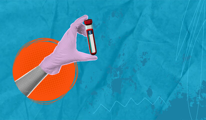 A trendy halftone pop art collage featuring a hand in a medical glove holding a test tube of blood. White space for text. Concept for medical testing for human health. © ArtEternal