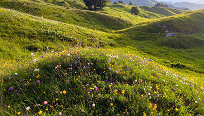 A verdant, rolling landscape bathed in sunlight, a picturesque scene. The meadow blooms with a variety of wildflowers, creating a vibrant panorama
