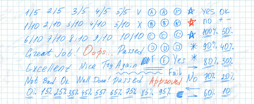 School exam marks icons on crumpled math grid paper. Teacher note hand drawn blue pen set. Exam scribbles symbols. Educational marks, score, test results. Vector handmade fail and approved check.