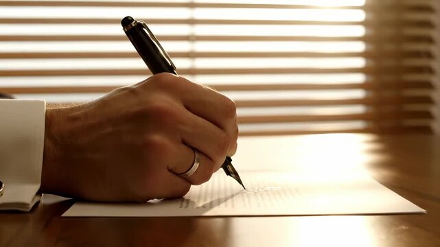 Signing document with fountain pen. Hand writes signature on paper. Contract and legal form rest on desk. Sunlight filters through blind. Business writing moment captured closeup. Signature confirms.