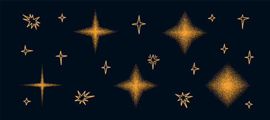 Grain gradient twinkles shapes. Y2k dot noise night sky with stars figures set. Sparkle and bling dots gradation airbrush elements. Vector grainy texture stardust shapes set on black background.