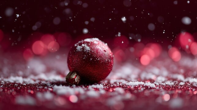 Bright red Christmas ornament with snowflakes on a glittery surface; perfect for holiday decoration themes and festive designs.