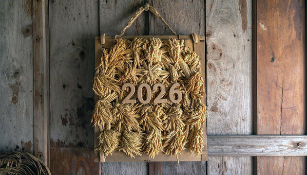 A unique handcrafted sign displaying the year 2026 hanging on a weathered wooden door. The sign uses straw and adds a rustic aesthetic.