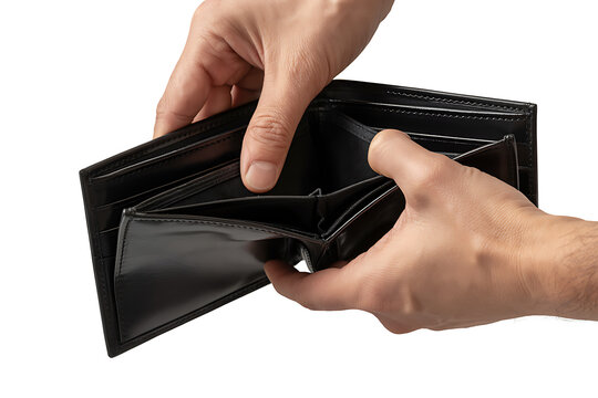 Person holding an empty black leather wallet isolated on white background