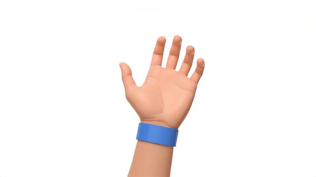 A cartoonish hand raised with palm open, light brown skin, blue wristband, on white background gloss