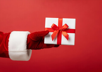 hand Santa Claus with white gift box on red background 