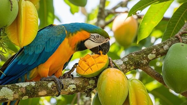 Vibrant macaw enjoys a juicy mango treat in a tropical fruit tree setting