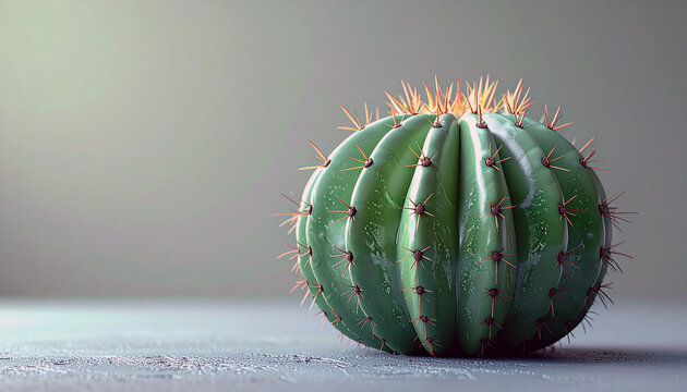 A close-up shot of a small, vibrant cactus with sharp spines. The cactus is a vibrant green color